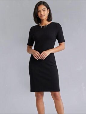 Mario Serrani Italy Black Ribbed Sheath Dress XS Short Sleeve Stretch LBD EUC